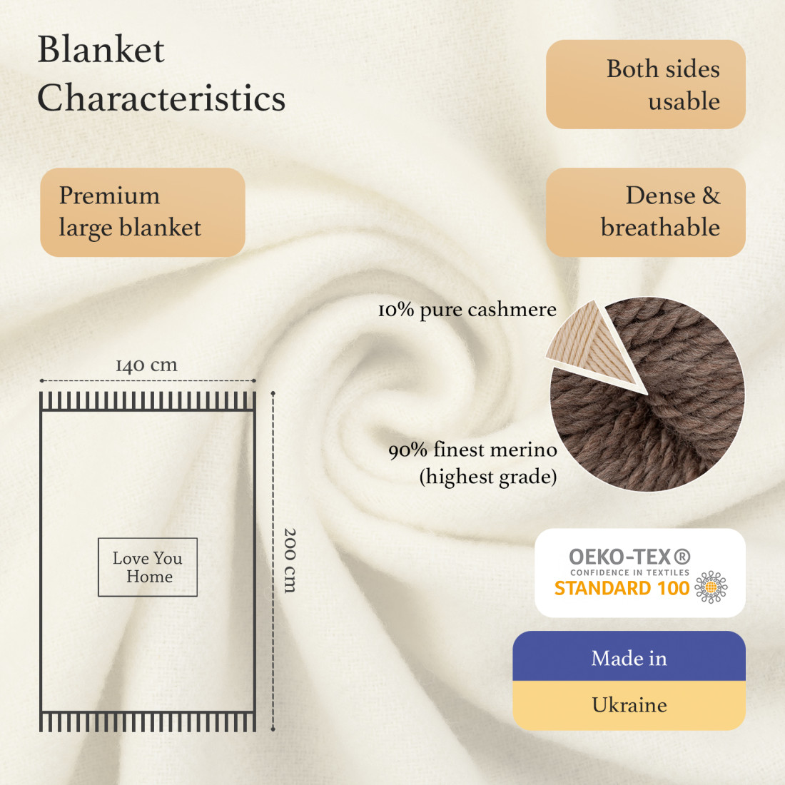 Cashmere wool blanket with merino herringbone · 2