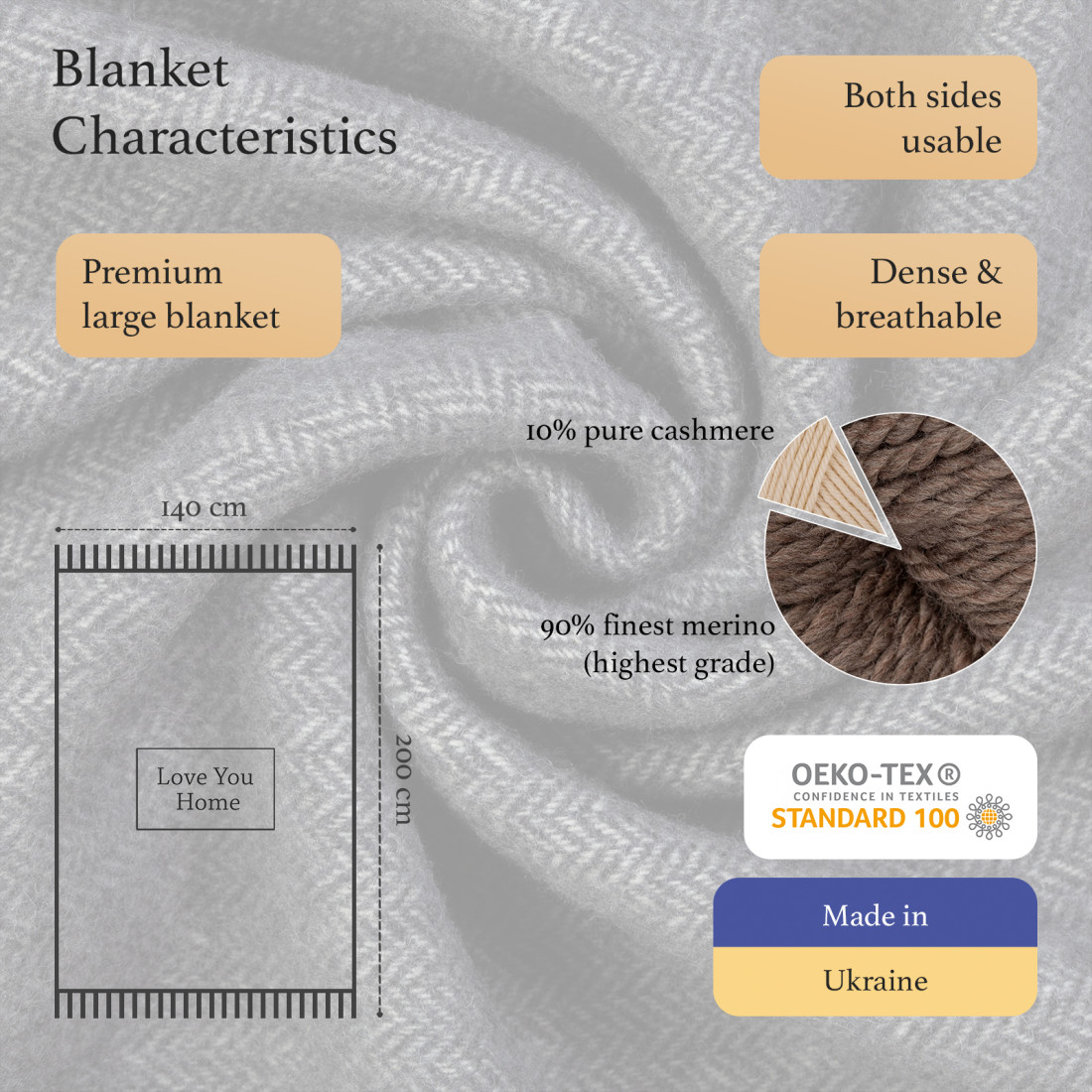 Cashmere wool blanket with merino herringbone · 2