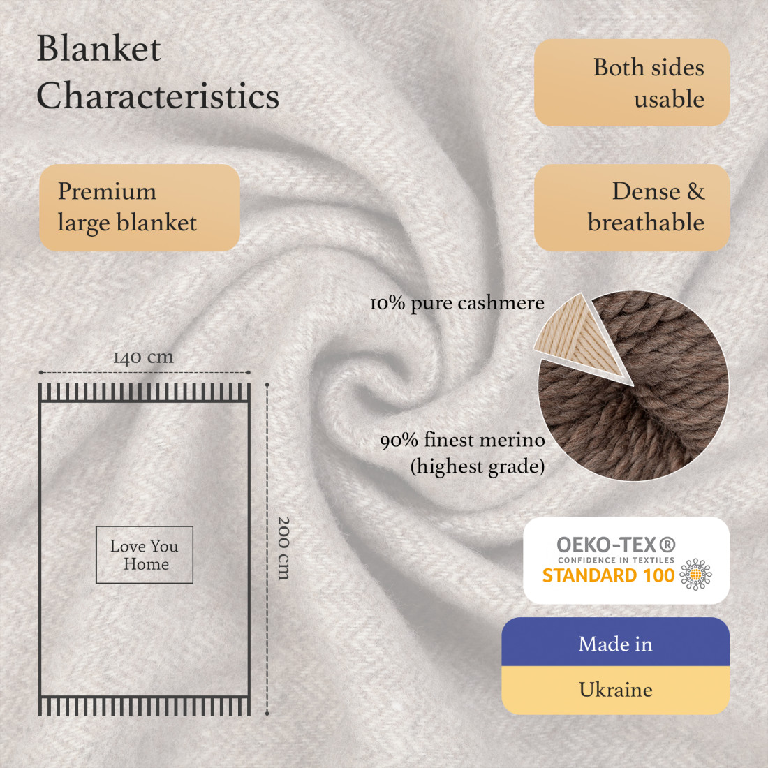 Cashmere wool blanket with Merino herringbone · 2