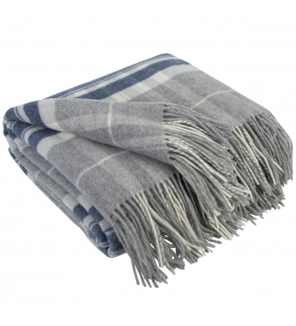 Kaschmir Wolldecke mit Merino Tartan LoveYouHome (140x200 cm / Grau mit Blau und Weiß)