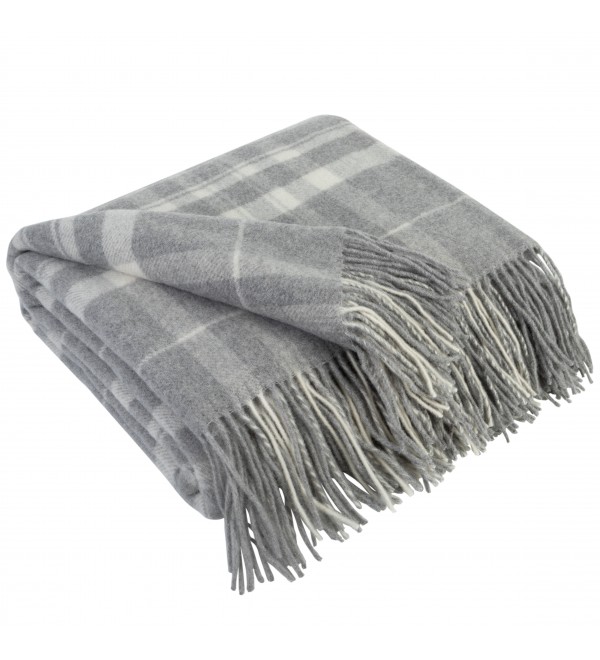Kaschmir Wolldecke mit Merino Tartan LoveYouHome (140x200 cm / Grau mit Weiß)