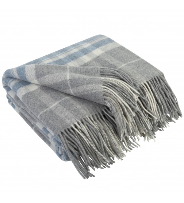 Kaschmir Wolldecke mit Merino Tartan LoveYouHome (140x200 cm / Grau mit Blau und Weiß)