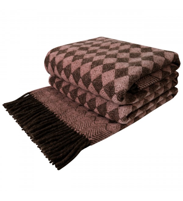 Neuseeland Wolldecke Rautenmuster LoveYouHome (140x200 cm / Braun - Zartrosa)
