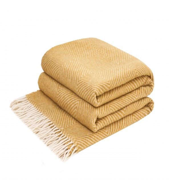 Merino Wolldecke Rautenmuster LoveYouHome (140x200 cm / Senf-Gelb - Weiß)