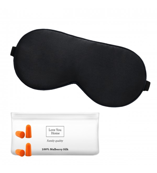 Seide Schlafmaske mit Ohrenstöpsel LoveYouHome (Schwarz | 22 Momme)