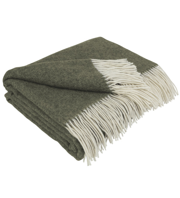 Cashmere blanket with Merino herringbone LoveYouHome (140x200 cm / Olive Green with White)